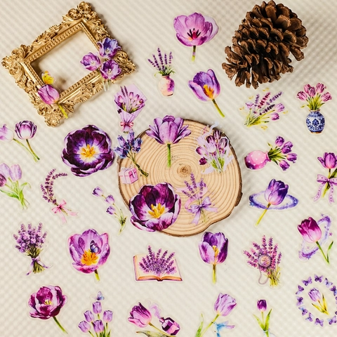 Lila Aquarell Blumen Aufkleber Transparente PET Lavendel Tulpe Dekorative Decals Für Journaling Scrapbooking DIY Basteln