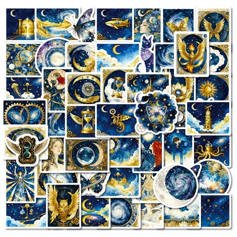 Vintage Starry Sky Blue Gold Decorative Stickers Fantasy Moon Star Castle Pattern For DIY Scrapbooking Journaling Aesthetic Stationery