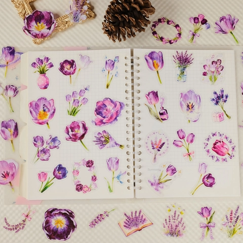 Lila Aquarell Blumen Aufkleber Transparente PET Lavendel Tulpe Dekorative Decals Für Journaling Scrapbooking DIY Basteln
