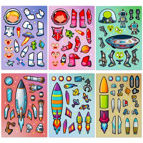 Pegatinas de Rompecabezas DIY Tema Espacial Astronauta Cohete Extraterrestre OVNI Dibujos Animados Para Niños Arte