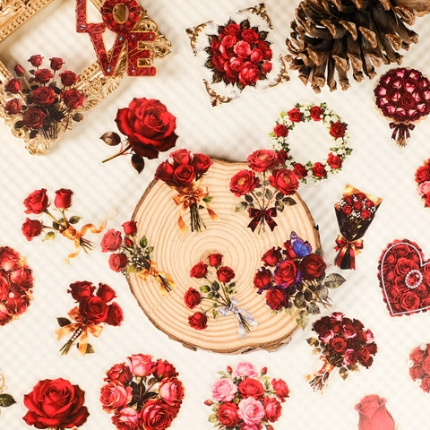 Pegatinas PET de Rosa Roja Vintage Acuarela Patrón Floral Romántico Corazón Pegatinas Decorativas para Journaling Scrapbooking Bricolage