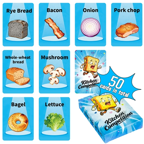 Kitchen Competition Cartas de Juego de Mesa 50Piezas Tema Comida Cartas de Juego Interactivas Flash Cards Educativas para Jóvenes Adultos