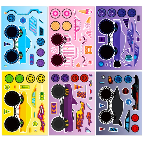 Monster Truck DIY Stickers Set For Kids Creative Puzzle Face Change Stickers Cartoon Vehicle Decals For Birthday Party Favors DIY Craft