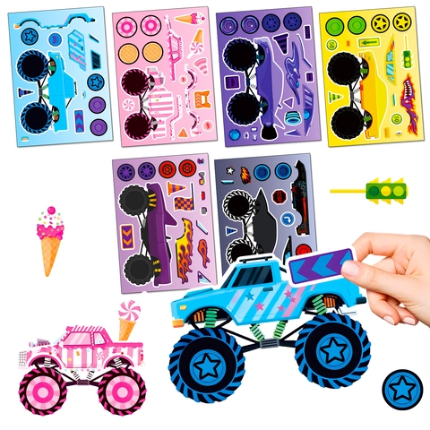 Monster Truck DIY Stickers Set For Kids Creative Puzzle Face Change Stickers Cartoon Vehicle Decals For Birthday Party Favors DIY Craft