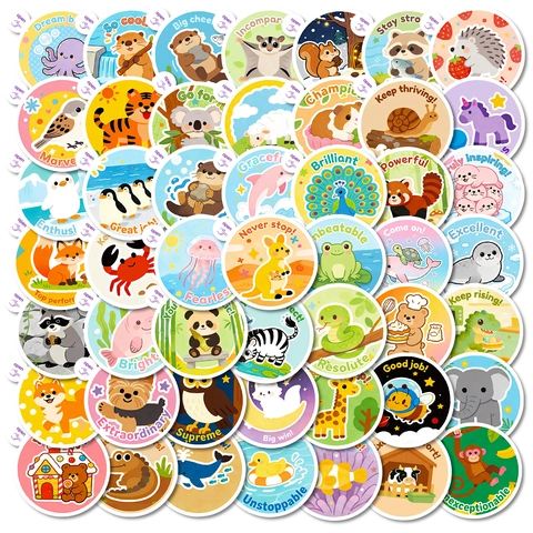 Cartoon Animal Reward Stickers For Kids With Motivational English Quotes Round Self Adhesive Encouragement Stickers For Student School Teacher Classroom Decoration