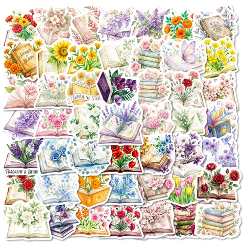 Aquarell Vintage Blumen Und Buch Aufkleber Für Scrapbooking Journaling DIY Wasserdichte Ästhetische Natur Pflanzen Dekoration