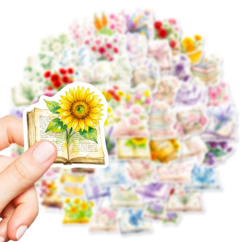 Aquarell Vintage Blumen Und Buch Aufkleber Für Scrapbooking Journaling DIY Wasserdichte Ästhetische Natur Pflanzen Dekoration