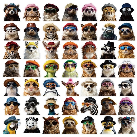 Autocollants Animaux Personnifiés Mignons Portant Des Lunettes De Soleil Et Chapeaux Imperméables PET Vinyle Décalcomanies Pour Ordinateur Bouteille Décoration
