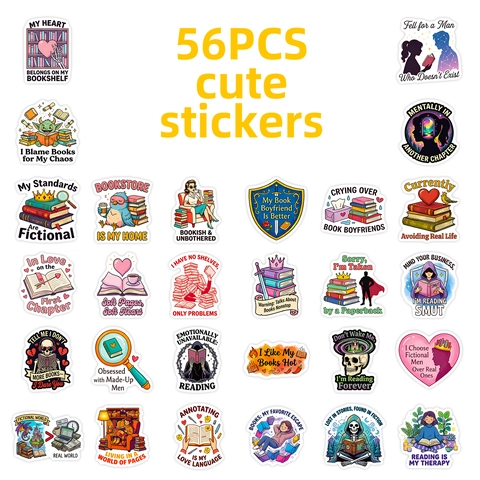 56PCS Cute Reading Stickers For Book Lovers Waterproof Vinyl Bookish Decals For Laptop Scrapbooking Journaling Water Bottles Gift