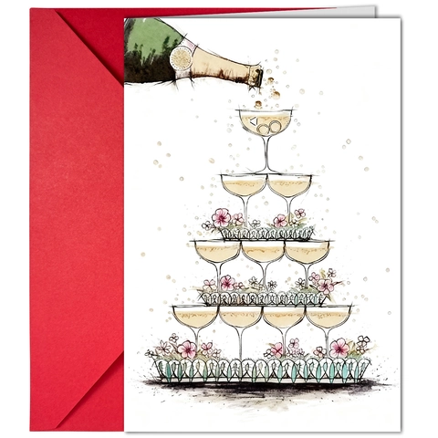 Aquarell Champagnerturm Hochzeit Grußkarte Mit Rotem Umschlag Elegant Handgezeichnet Floral Jahrestag Feier Gefaltete Karte
