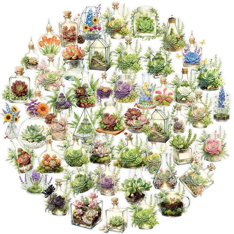 Watercolor Plant Floral PET Stickers Succulent Flower Glass Bottle Decorative Waterproof Decals For Scrapbooking Journal
