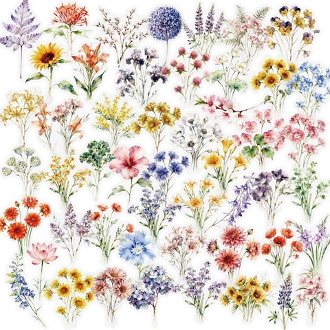Wasserdichte Transparente PET Blumenaufkleber Aquarellstil Handbemalte Blumendekore Für Scrapbooking Tagebuch Handy DIY Dekoration