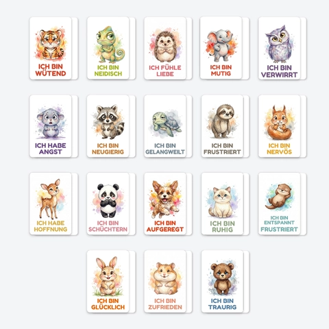 Tarjetas Emociones Animales Alemán Acuarela Dibujos Animados Educativo Cognitivo Tarjetas Aprendizaje Temprano