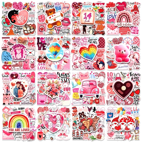 Valentine's Day Stickers Pink Heart Bear Rose Patterns Waterproof Decorative Decals For Wedding DIY Gift Scrapbooking