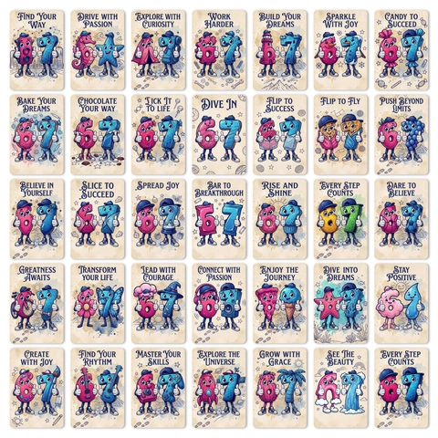 Carte di Affermazione Numerica per Bambini Ispiratrici Numeri Antropomorfi Cartoni Animati Biglietti d'Auguri Flashcard Educative Inglesi per Bambini