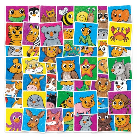 Cute Cartoon Animal Stickers Crayon Hand Drawn Style Square Decorative Decals For Scrapbook DIY Stationery Kids School Gift