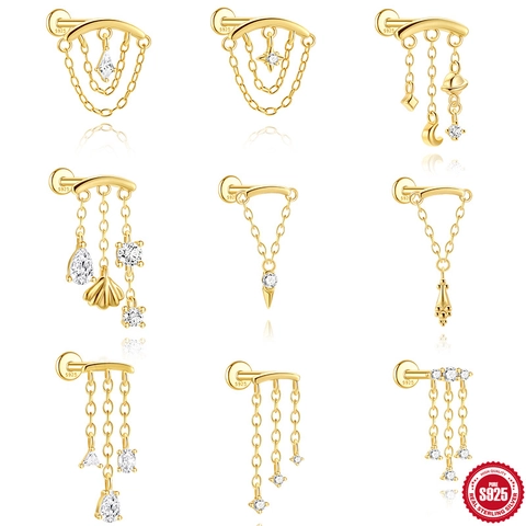 Pendiente de Piercing de Plata de Ley 925 para Mujer Bañado en Oro AAAAA Zirconia Estrella Luna Concha Borla Helix Cartílago Joyería