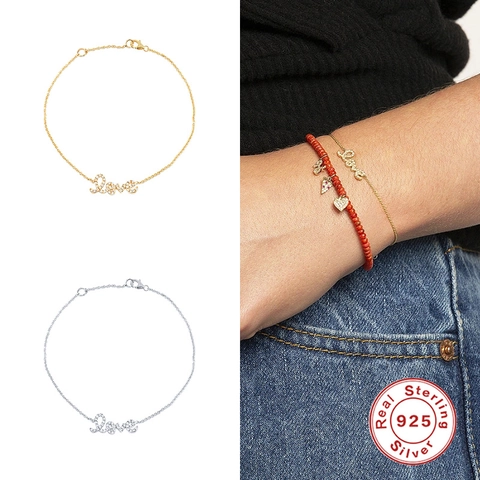 925 Sterling Silver Love Letter Bracelet For Women Dainty Cubic Zirconia Inlaid Light Luxury Adjustable Chain Jewelry Gift