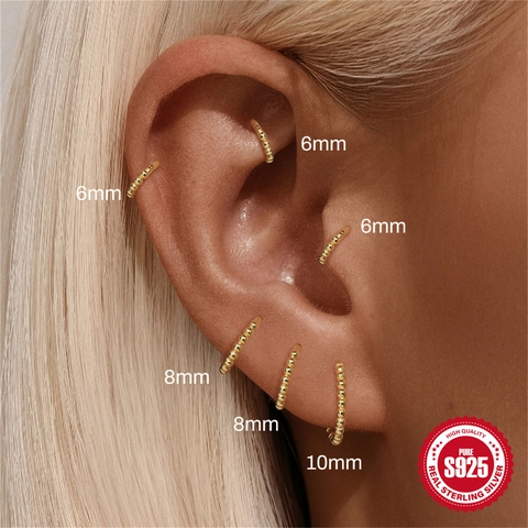 S925 Sterling Silver Gold Plated Twisted Rope Beaded Hoop Earrings Women Minimalist Nose Ring Ear Cartilage Stud Jewelry