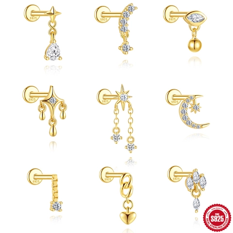 S925 Sterling Zilver Vergulde Ster Maan Zirkonia Oorknopjes Voor Vrouwen Piercing Kraakbeen Helix Sieraden Cadeau