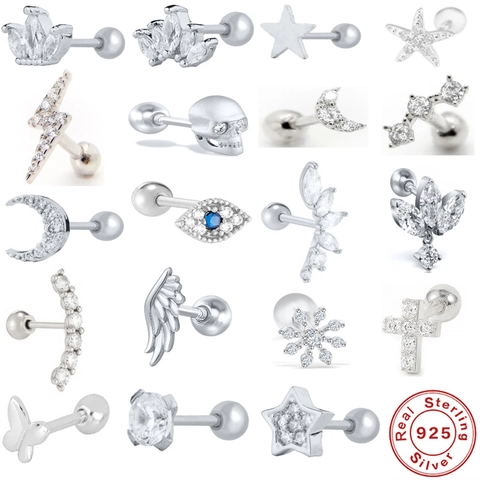 925 Sterling Silver Ear Cartilage Studs Zirconia Star Moon Evil Eye Barbell Stud Earrings For Women Piercing Jewelry