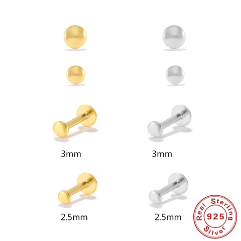 925 Sterling Silver Simple Smooth Round Flat Head Internal Thread Piercing Stud Earrings Mini Micro Ear Cartilage Jewelry