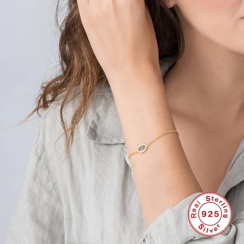 Bracelet Mauvais Œil en Argent Sterling 925 pour Femme Plaqué Or Zircone Cubique Chaîne Réglable Bijoux Cadeau