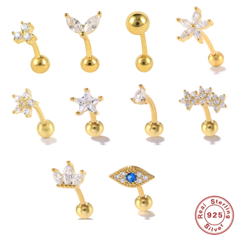 925 Sterling Silver Ear Cartilage Studs Curved Barbell Piercing Jewelry 18K Gold Plated Zirconia Evil Eye Star Flower Rook Helix Tragus Earrings For Women