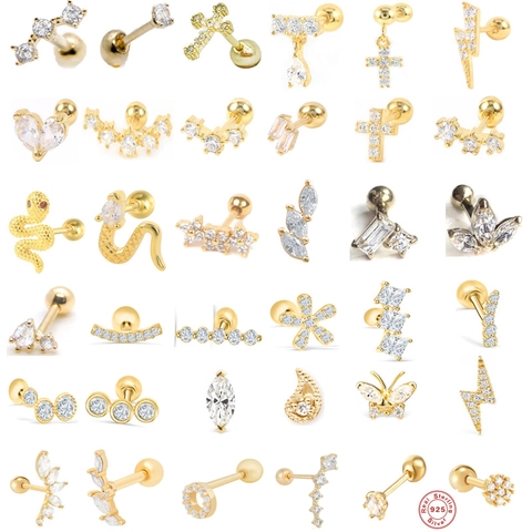 925 Sterlingsilber Vergoldete Zirkonia Ohrstecker Herz Kreuz Schlange Schmetterling Helix Piercing Schmuck Für Frauen Geschenk
