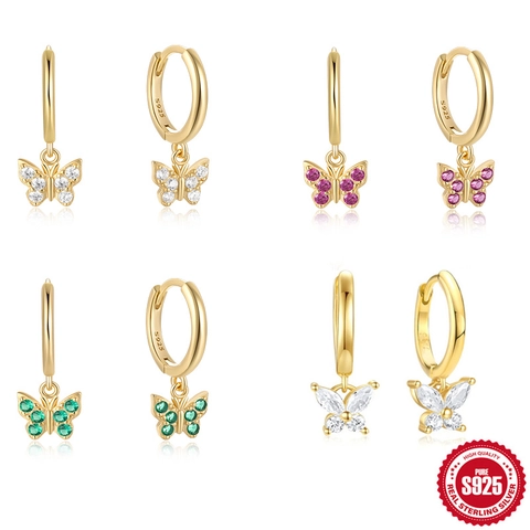 925 Sterling Silver Butterfly Dangle Earrings Gold Plated Colorful Zirconia Hoop Earrings For Women Elegant Fashion Jewelry Gift
