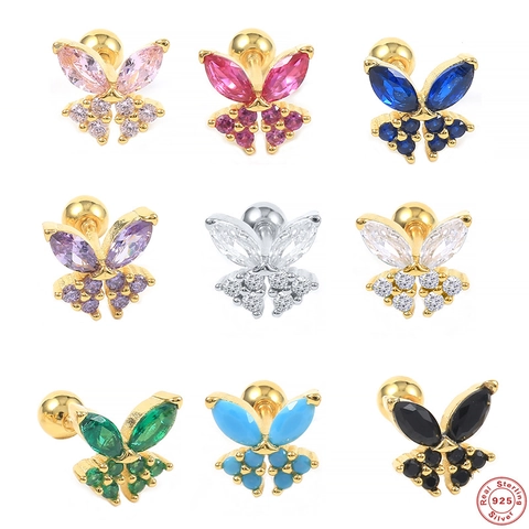 Pendientes de Botón Helix de Plata de Ley 925 Mariposa Zirconia Cierre de Rosca Joyería Piercing para Mujer Una Pieza