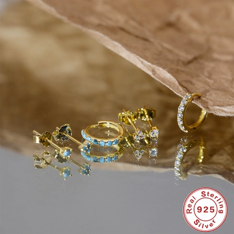 925 Sterling Zilveren Oorbellen Set Met Zirkonia Turkoois Goud Platina Vergulde Oorknopjes Huggie Hoops Combinatie Sieraden Voor Vrouwen