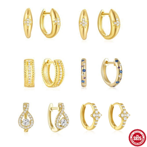 925 Sterling Silver Hoop Earrings For Women Gold Silver Plated Octagon Star Moon Leaf Twist Rope Zirconia Huggie Earrings