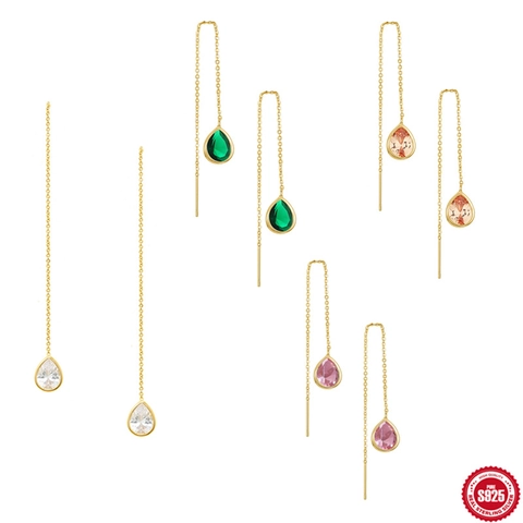 Orecchini Passanti in Argento Sterling 925 con Zirconia a Goccia d'Acqua Placcati Oro Catena Lunga Pendenti per Donna Gioielli Regalo