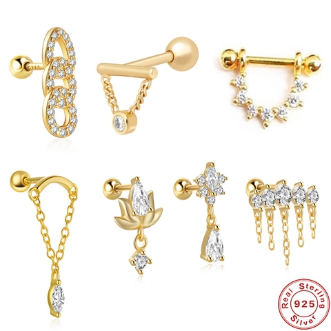 925 Sterlingsilber Ohrknorpel Ohrstecker Für Damen Gold Platin Beschichtet Zirkonia Quaste Kette Ineinandergreifende Ringe Helix Piercing Schmuck