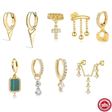 Pendientes de Plata de Ley 925 Poste Malaquita Concha Perla Artificial Cruz Borla Bola Para Mujeres Oro Plata Zirconia Daga Pendientes de Botón Joyería