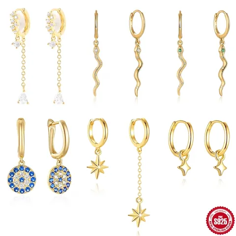 S925 Sterlingsilber Ohrringe Damen Asymmetrische Stern Schlange Böses Auge Zirkonia Hängeohrringe Gold Platin Schmuck