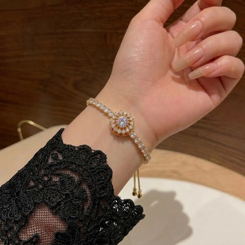 Bracciale Rotante In Zircone Girasole Per Donna Lega Placcata Oro Coulisse Regolabile Gioielli Coreani Eleganti