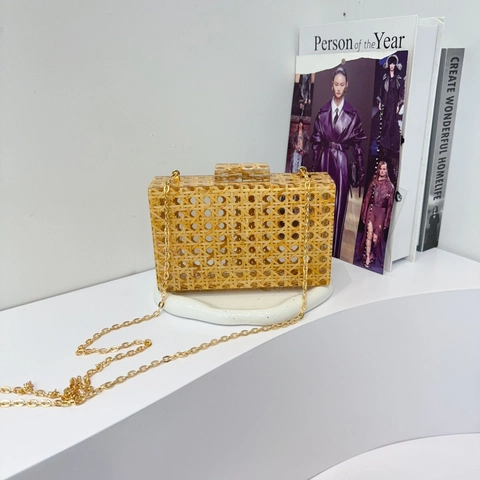 Vintage Acryl Rattan Gewebte Abendtasche Für Damen Gold Metallkette Schulter Umhängetasche Luxuriöse Bankett Party Handtasche