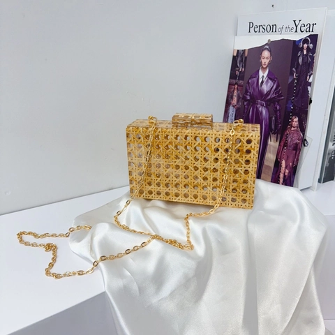 Vintage Acryl Rattan Gewebte Abendtasche Für Damen Gold Metallkette Schulter Umhängetasche Luxuriöse Bankett Party Handtasche