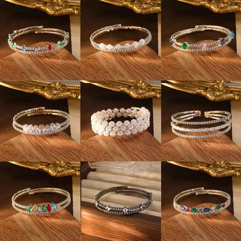 Luxury Multi Layer Alloy Zirconia Imitation Artificial Pearl Open Bracelet Wrap Bangle Fashion Geometric Rhinestone Jewelry For Women Party Gift