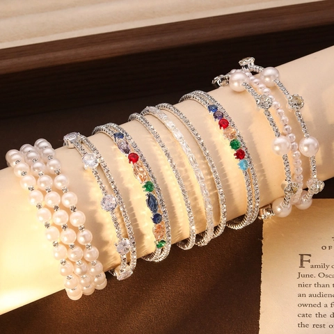 Luxury Multi Layer Alloy Zirconia Imitation Artificial Pearl Open Bracelet Wrap Bangle Fashion Geometric Rhinestone Jewelry For Women Party Gift