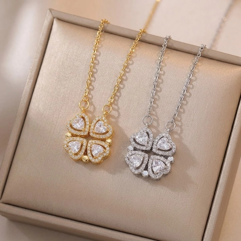 Convertible Four Leaf Clover Heart Pendant Necklace Stainless Steel Zircon Folding Clavicle Chain For Women Jewelry