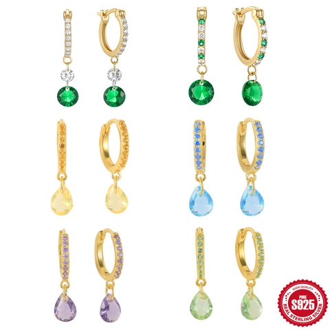Elegantes Pendientes de Aro de Plata de Ley 925 con Piedra Preciosa Verde Esmeralda Oro Platino Chapado Zirconia Pendientes Colgantes para Mujeres Joyería de Boda