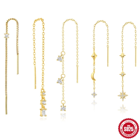 Orecchini a Filo in Argento Sterling 925 Con Zirconia Per Donna Elegante Minimalista Geometrico Stella Luna