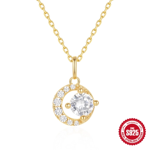 S925 Sterling Silver Gold Plated Crescent Moon Pendant Necklace Zirconia Rhinestone Sparkling Clavicle Chain Jewelry For Women Gift