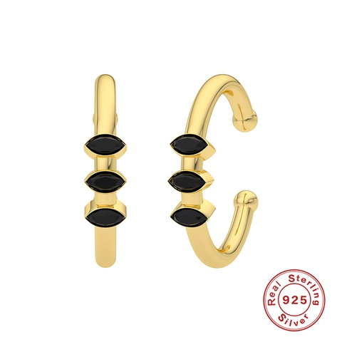 Boucles d'Oreilles Ear Cuffs en Argent Sterling 925 Marquise Zircon Noir Clip Oreille en U Plaqué Or Bijoux Mode Femme