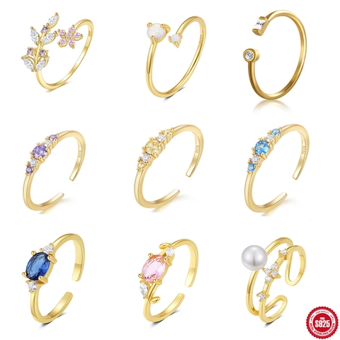 Vintage S925 Sterling Silver Adjustable Open Ring For Women Minimalist Flower Leaf Zirconia Artificial Pearl Opal Gold Silver Jewelry
