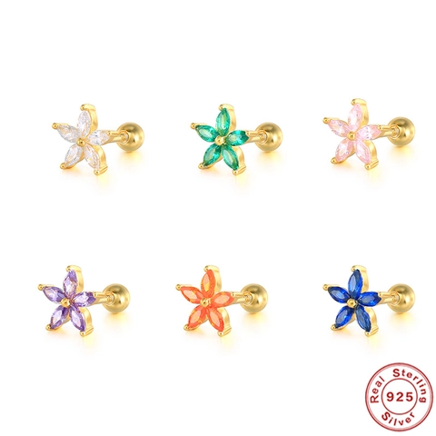 925 Sterling Silver Flower Stud Earrings For Women Tiny Cubic Zirconia Floral Cartilage Earring Gold Plated Screw Back Piercing Jewelry