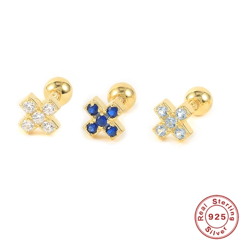 Pendientes de Botón Piercing Forma de Cruz X en Plata de Ley 925 Chapado en Oro Zirconia Mujer Minimalista Cartílago Pieza Única
